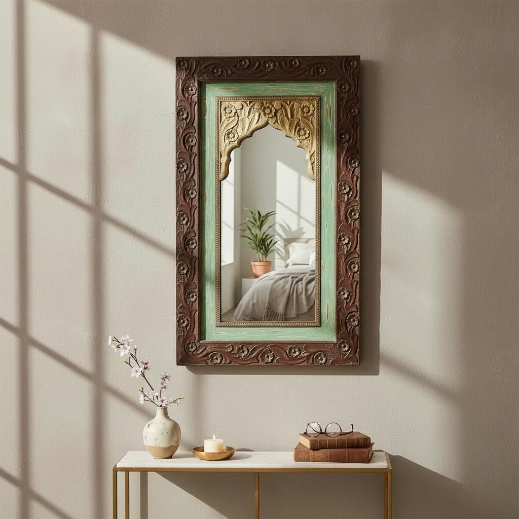 

Wooden Handicraft Carved Mirror,Wall Decorative Beautiful Bedroom Mirror, Room Decors Jharokha-Mirror-Brass Living Room Mirror