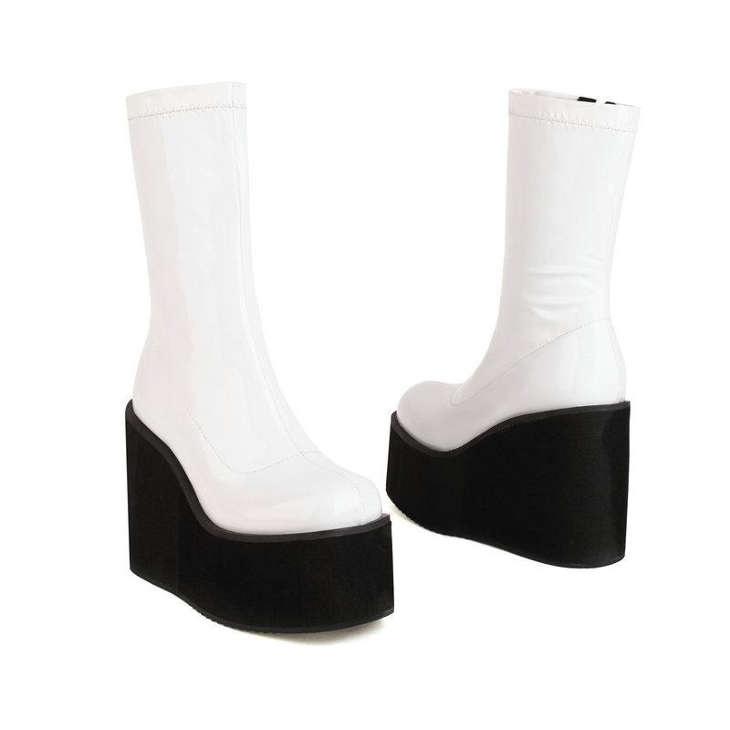 Foam Light-weight Sole Platform Wedges High Heels Girls Shoes Gloss Patent PU Leather Red White Ankle Stretch Booties Gothic Women Black Boots