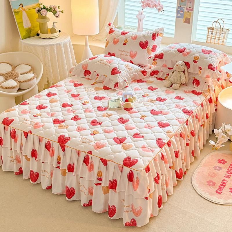 3pcs Bed Skirt Set Solid Color Quilted Thickened Lace Decoration Includes 1 Bed Skirt + 2 Pillowcases Suitable for Home And Hotel