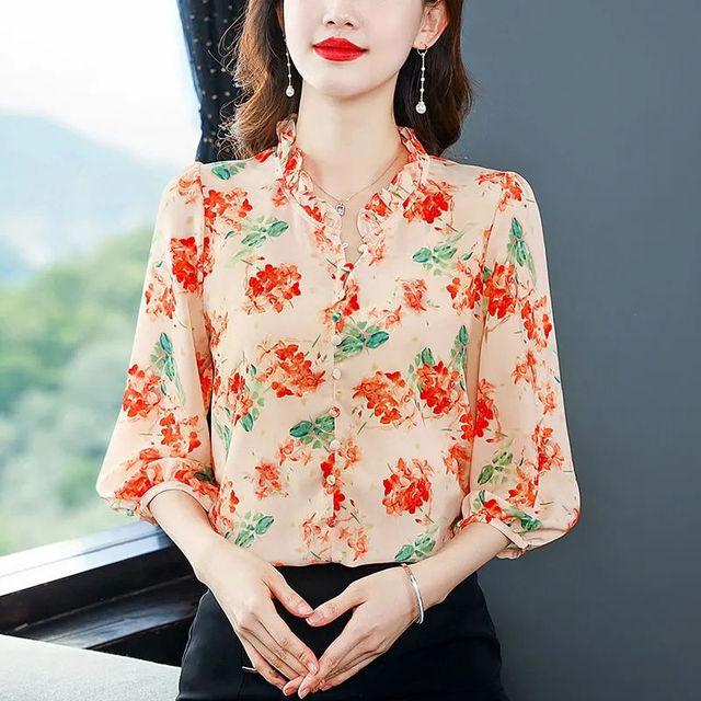 Geblümtes Chiffon-Hemdoberteil für Damen, Frühling/Sommer, bedruckt, schick, süß, lässig, Laterne, halbe Ärmel, Bluse, Blusas