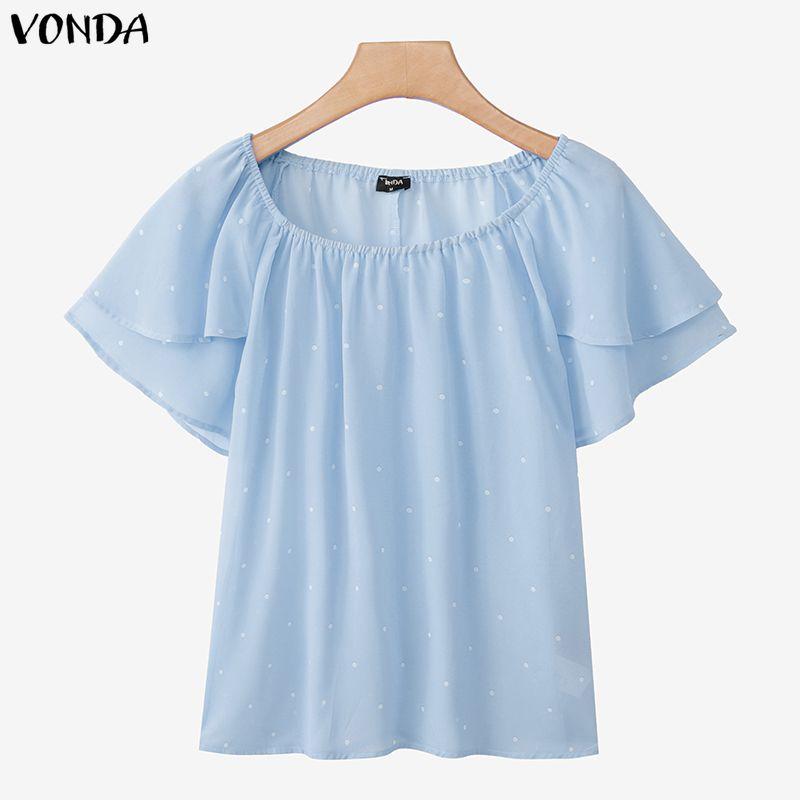 VONDA Summer Women Casual O Neck Polka Dots Short Sleeve Blouse Tops