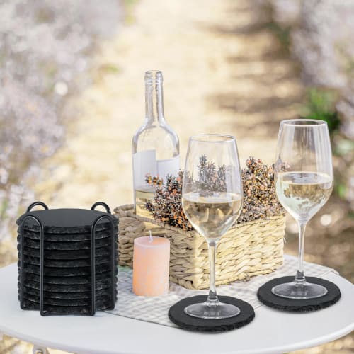 MAPRIAL Slate Coasters with Holders, Set of 12, Round Black Slate Stone DIY Coasters with Scratch-Resistant Backing, Halloween, Christmas, Bar, Kitche