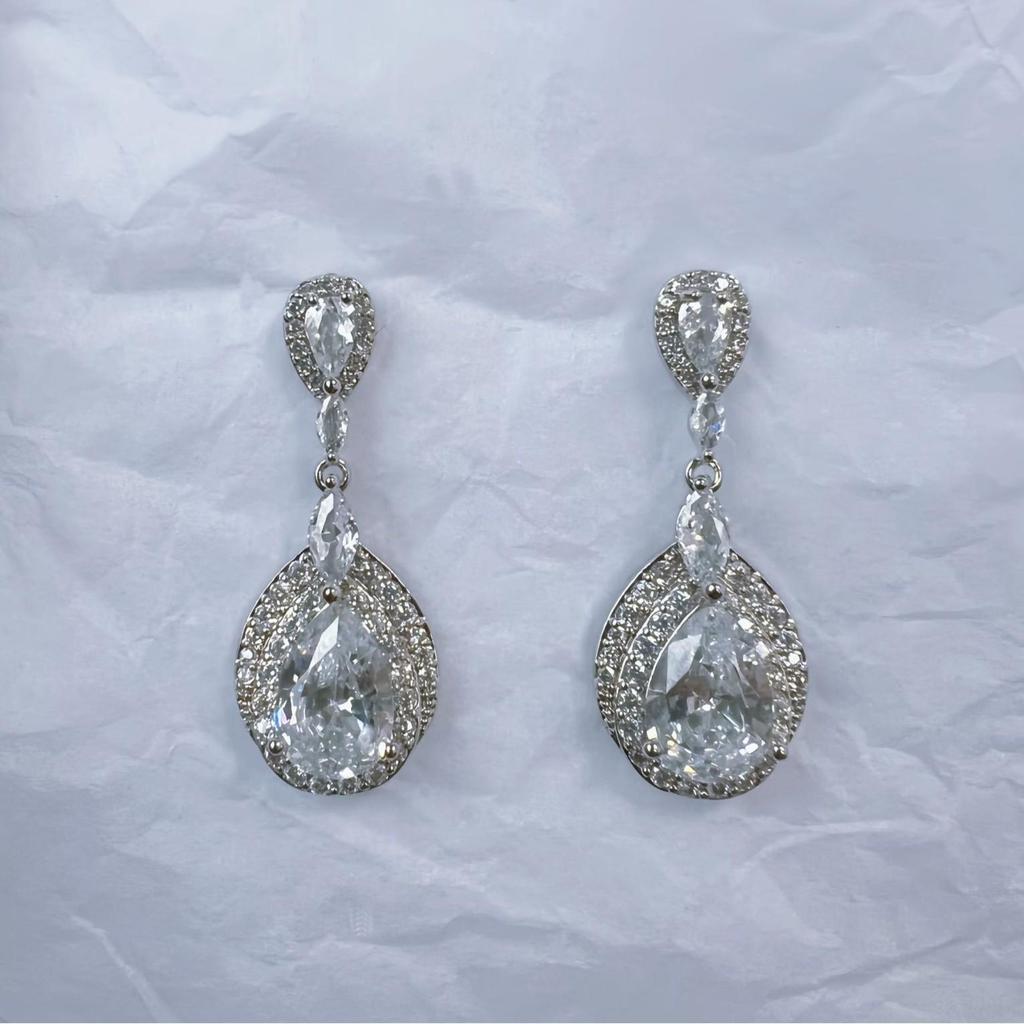 Elegant Long Teardrop Zirconia Dangle Earrings for Evening Wear and Brides