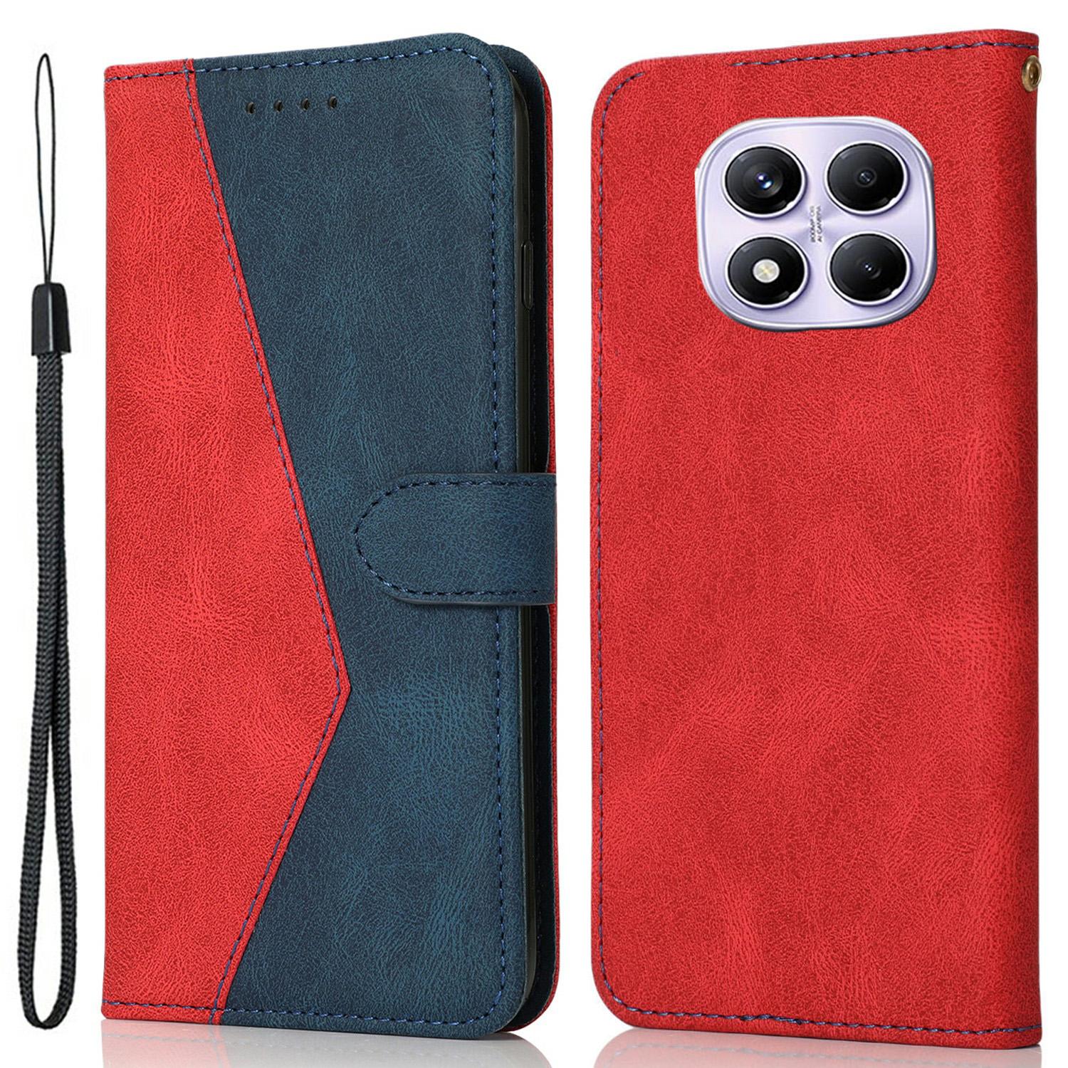 

For Xiaomi Redmi Note 14 Pro 4G Case Color Splicing Wallet Stand Leather Phone Cover with Wrist Strap Red/Blue