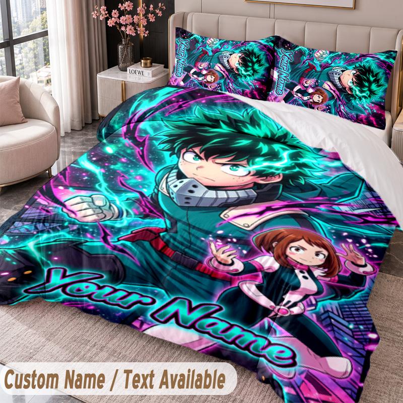 Benutzerdefinierter Name Text 3-teiliges Bettwäscheset My Hero Academia Bettbezug und zwei Kissenbezüge