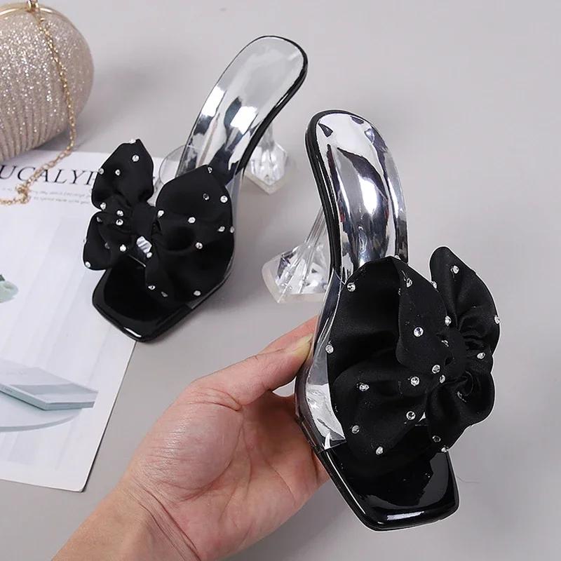 Fashion 2025 Fashion Crystal Bow High Heels Slippers Shoes for Woman Sexy PVC Transparent Sandals Women Slides Open Toe Pumps Blue Black