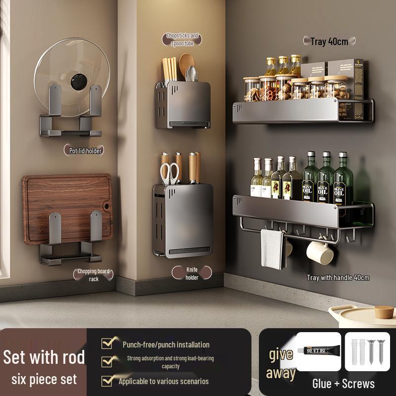 No-Drill Wall-Mounted Kitchen Storage Rack: Multifunctional Holder for Knives, Chopsticks, Pot Lids, and Seasoning Condiments