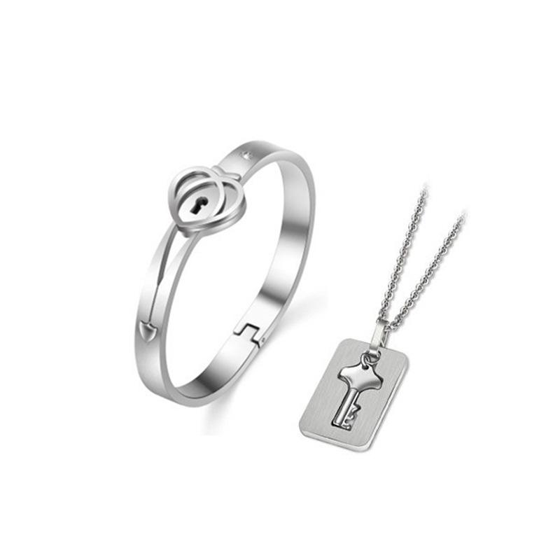 Set di Braccialetti con Lucchetto d'Amore Chiave per Coppia Creativa Transfrontaliera in Acciaio al Titanio