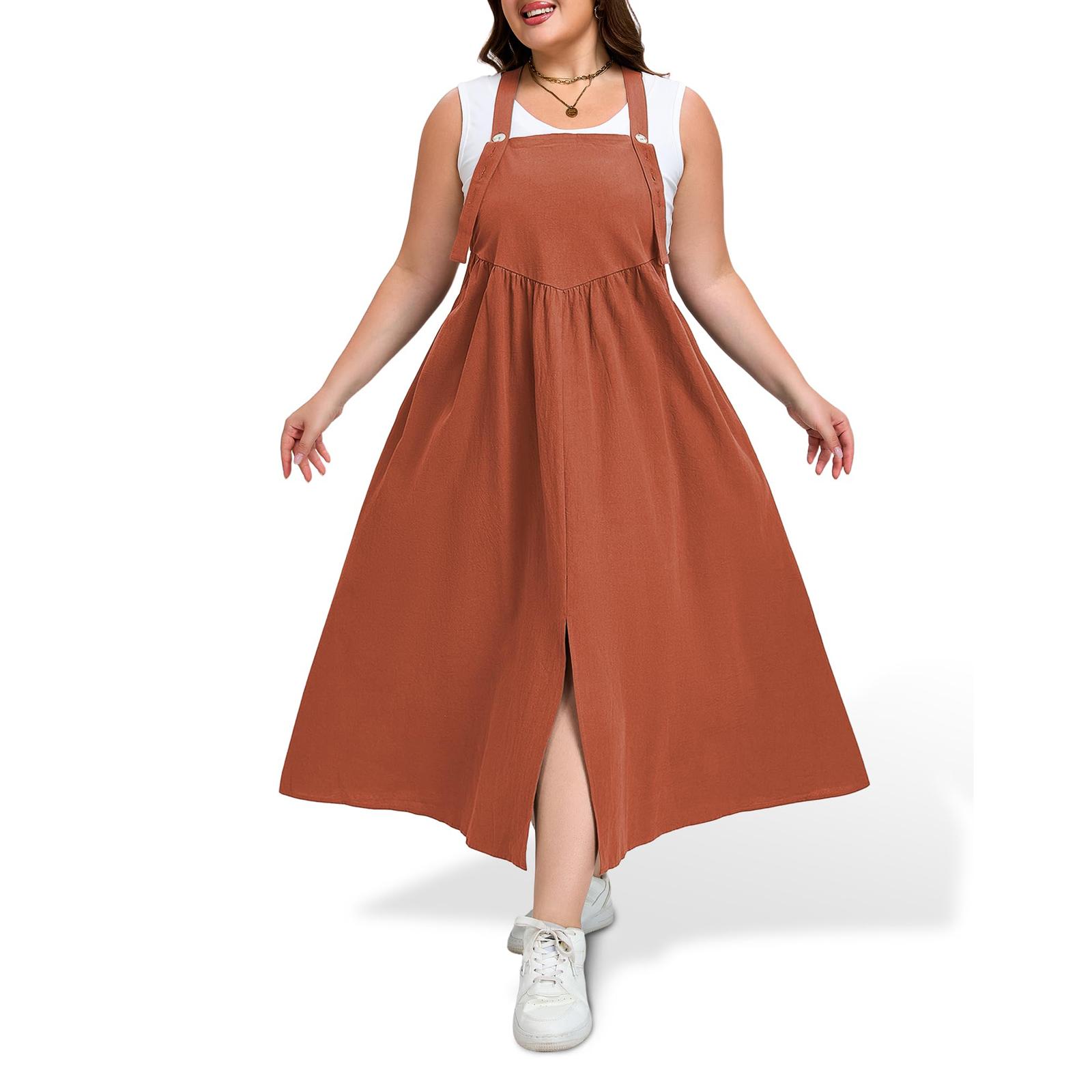 

Plus Size Overall Dress For Women Adjustable Strap Jumper Dress With Pockets Casual A,Line Maxi Dress XXXXXL помаранчевий