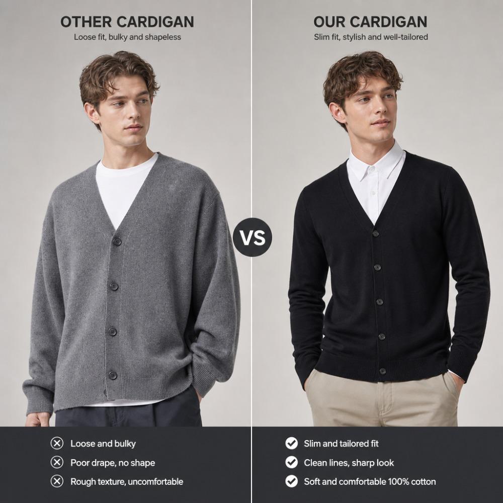 Men 100% Cotton V Neck Knit Cardigan, Slim Fit Long Sleeve Korean Style Casual Sweater Jacket for Autumn Winter