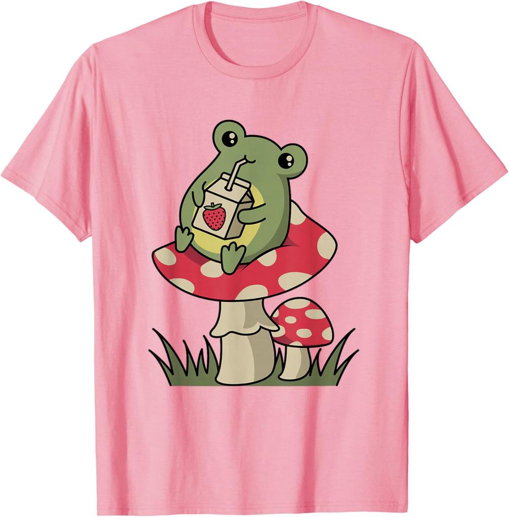 Cottagecore Frog Drinking Strawberry Milk Mushroom Graphic Tee Soft Casual Cotton T-Shirt for Unisex