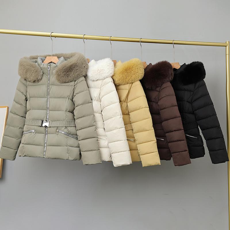 Mote Vinterkåpe Dame Parkas Hette Fuskepelskrage Tykk Varm Damejakker Med Belte