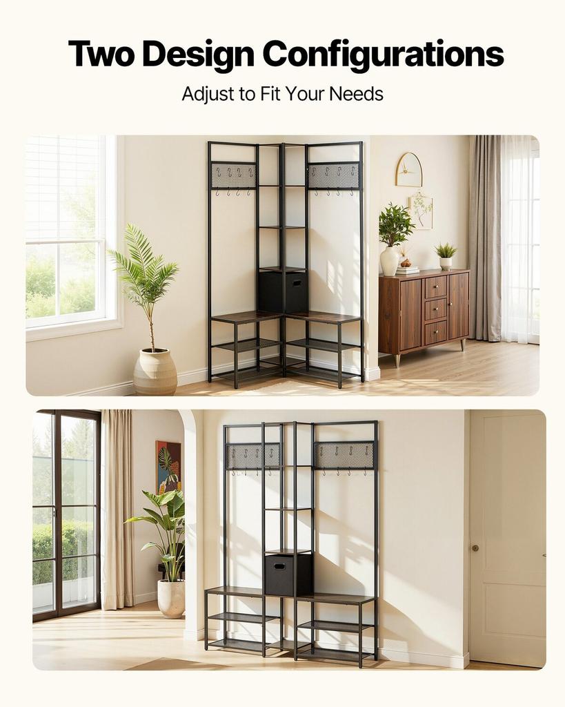 Corner Hall Tree with Shoe Bench, 1800 mm Coat Rack with Hooks and Steel Frame, Freestanding Clothes Shoes Rack Storage Organizer with Anti-Tip Set,