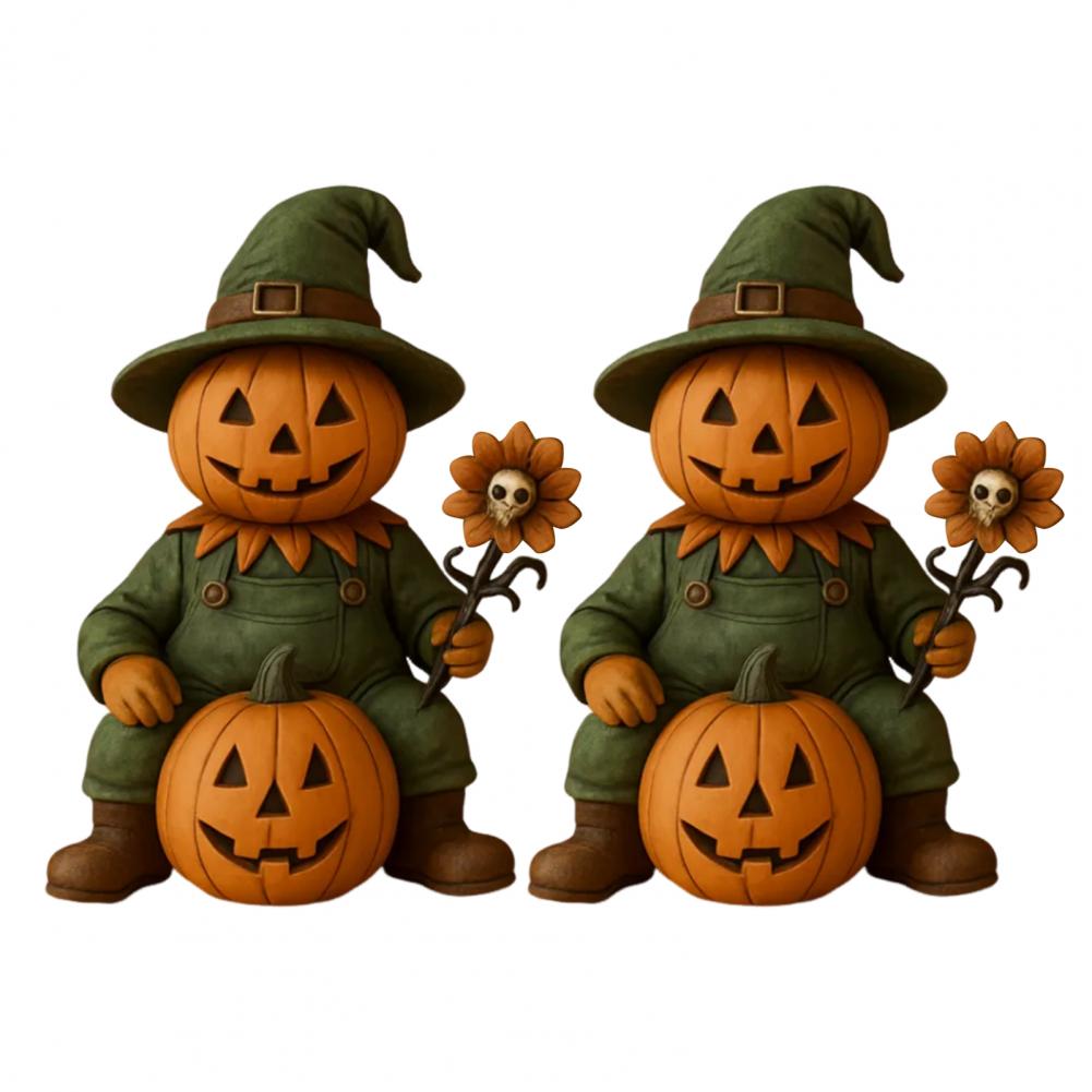 Pumpkin Man Figurine Scary Halloween Pumpkin Head Scarecrow Statue with Skull Sunflower Mini Desktop Ornament for Indoor