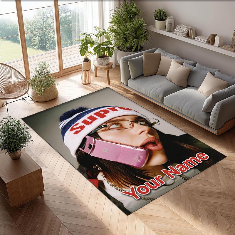 Billie Eilish Crystal Velvet Rug, Custom Name Text Personalized Non‑Slip Floor Mat for Home Decor Gift