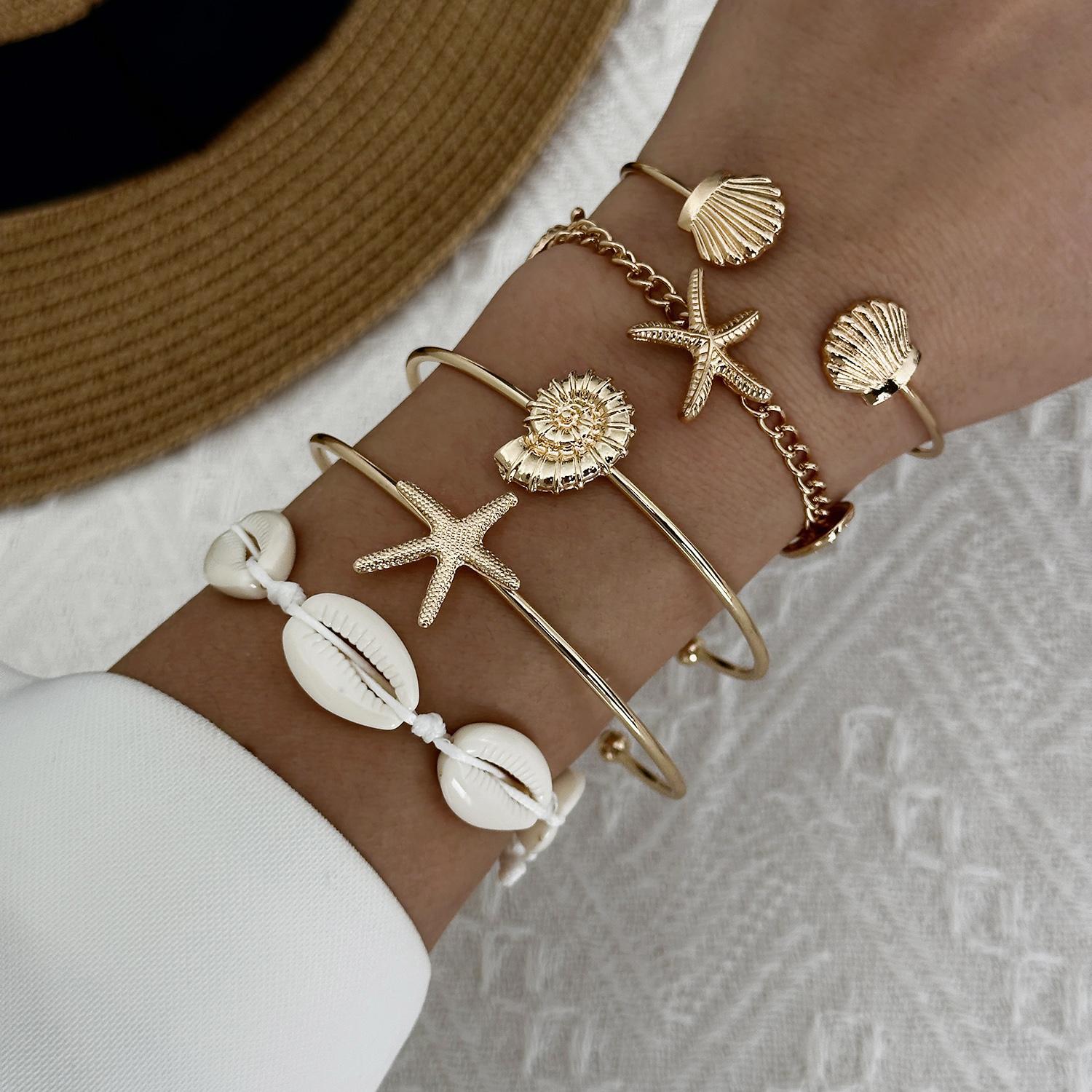 

Mermaidcore Ocean Aesthetic Chic Stacked Bracelets Set Women 5Pcs Starfish Cowrie Shell Layered Bangle Beach Party Charm Jewelry