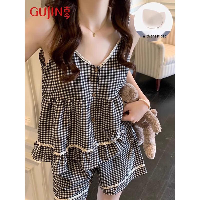 GUJIN Women s Summer Seersucker Camisole Pajama Set with Chest Pads L