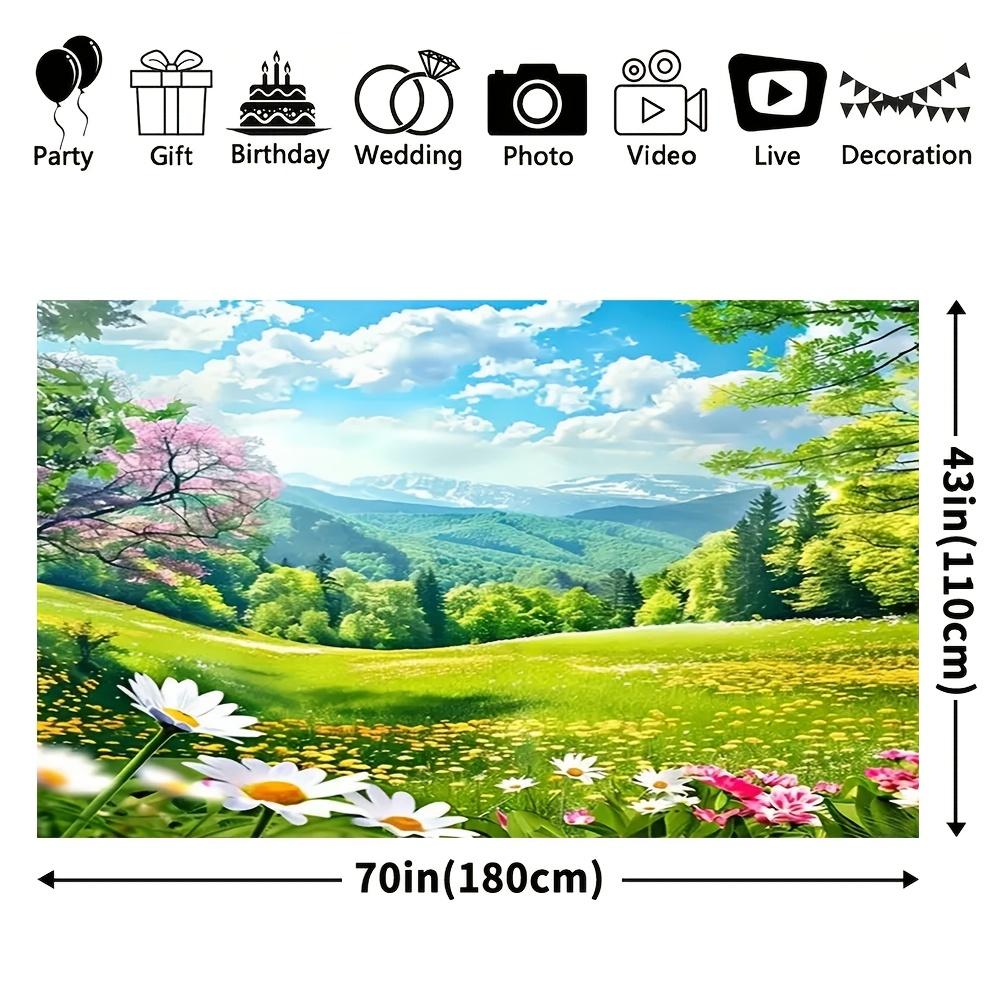 2D plane, 1pc large spring meadow flower background with lush green hills, wildflowers and daisies - Easter