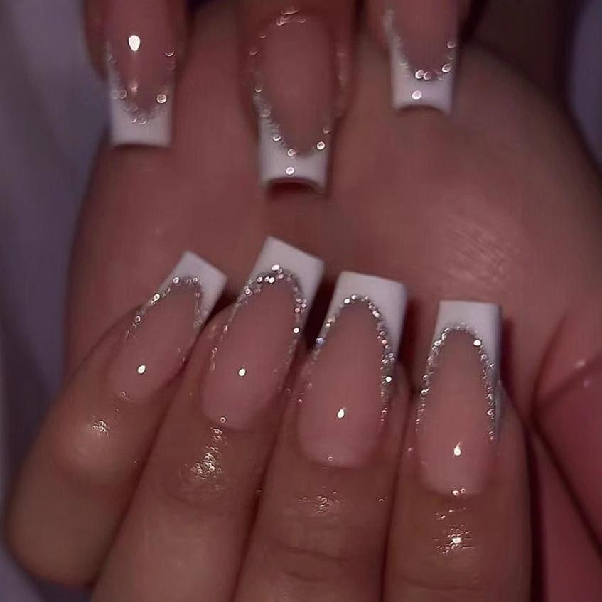 24pcs Long Coffin-Shaped White French Manicure Fake Nails Press On Nails Elegant Style For Women Girls For Daily Wear Or Parties Nail Supplies