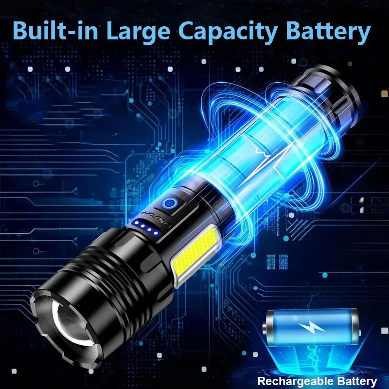 Powerful COB LED Flashlights USB Rechargeable Tactical Torch with Red Light Emergency Zoom Lantern Built-in 18650 for Camping