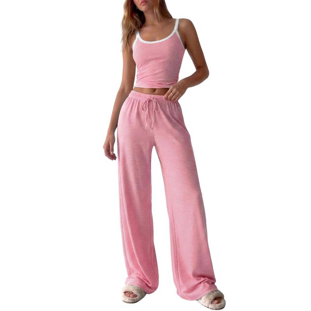 Women Sleeveless Tank Top and Wide Leg Pants Set Casual Lounge Pajama Set with Adjustable Waistband and Relaxed Fit for Home and Sleepwear