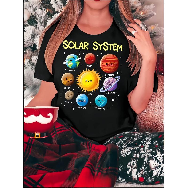 

Women s Colorful Solar System Print T-Shirt Casual Round Neck Short Sleeve All-Season Space-Themed Top 4XL чорний