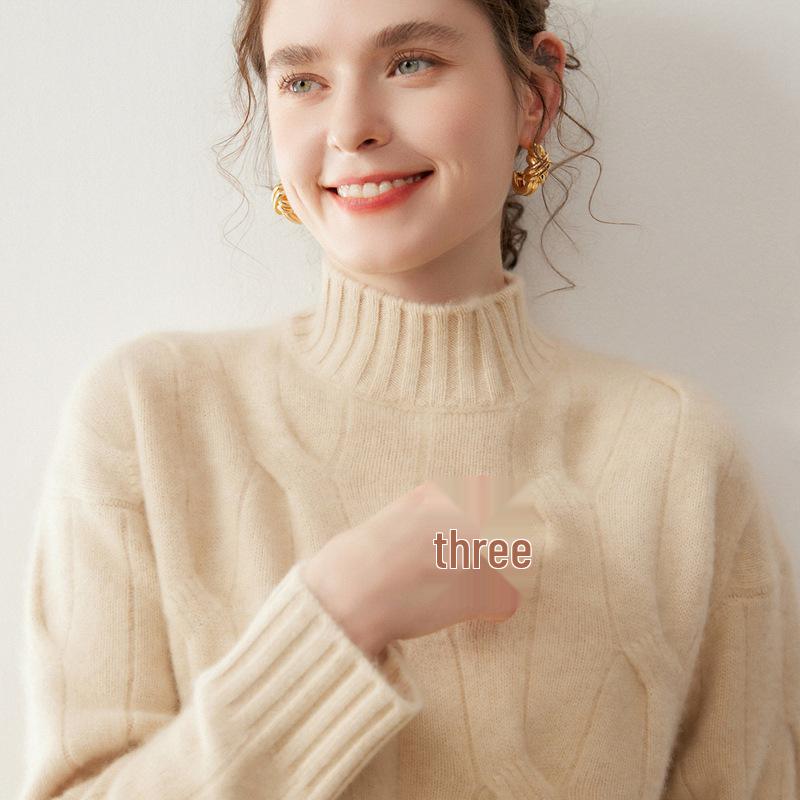 Women's Cashmere Half-High Neck Cable Knit Pullover - Thick, Loose & Cozy for Autumn/Winter.