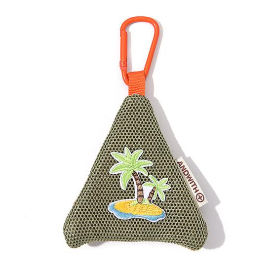 

Triangular Coin Purse Compact Mesh Pouch with Zipper & Hanging Buckle Mini Lightweight Storage Pouch with Coconut Tree Embroidery зелений