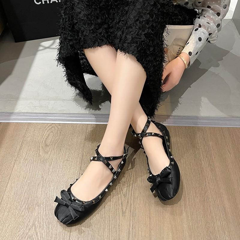 Frühling Neue Ballerinas Damen Rundkopf Flacher Ausschnitt Spleißen Schmetterlingsknoten Weiche Sohle Rutschfest Einzelne Schuhe