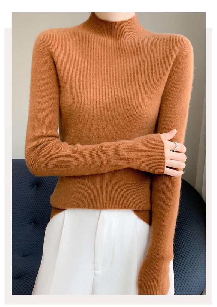 Women's Slim Fit Solid Color Knit Pullover Sweater – Autumn/Winter Long Sleeve Half-High Neck Base Layer