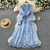 French Court Style V-neck Lace Embroidered Dress Women's Summer Long Sleeves Waist Thin A-character Temperament Long Dress Elegant