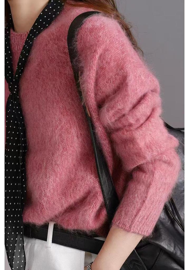 2025 Autumn/Winter Women's Thickened Wool Cashmere Round Neck Knit Sweater with Brushed Fleece