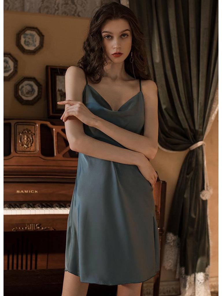 Women's Spaghetti Strap Silk-Style Nightgown - Solid Color Lingerie and Homewear for Spring/Summer