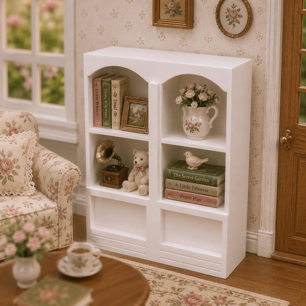 Miniature White Vintage Arched Bookshelf Cabinet,Fine Workmanship Model Furniture for Diorama Making, Micro Scene Building