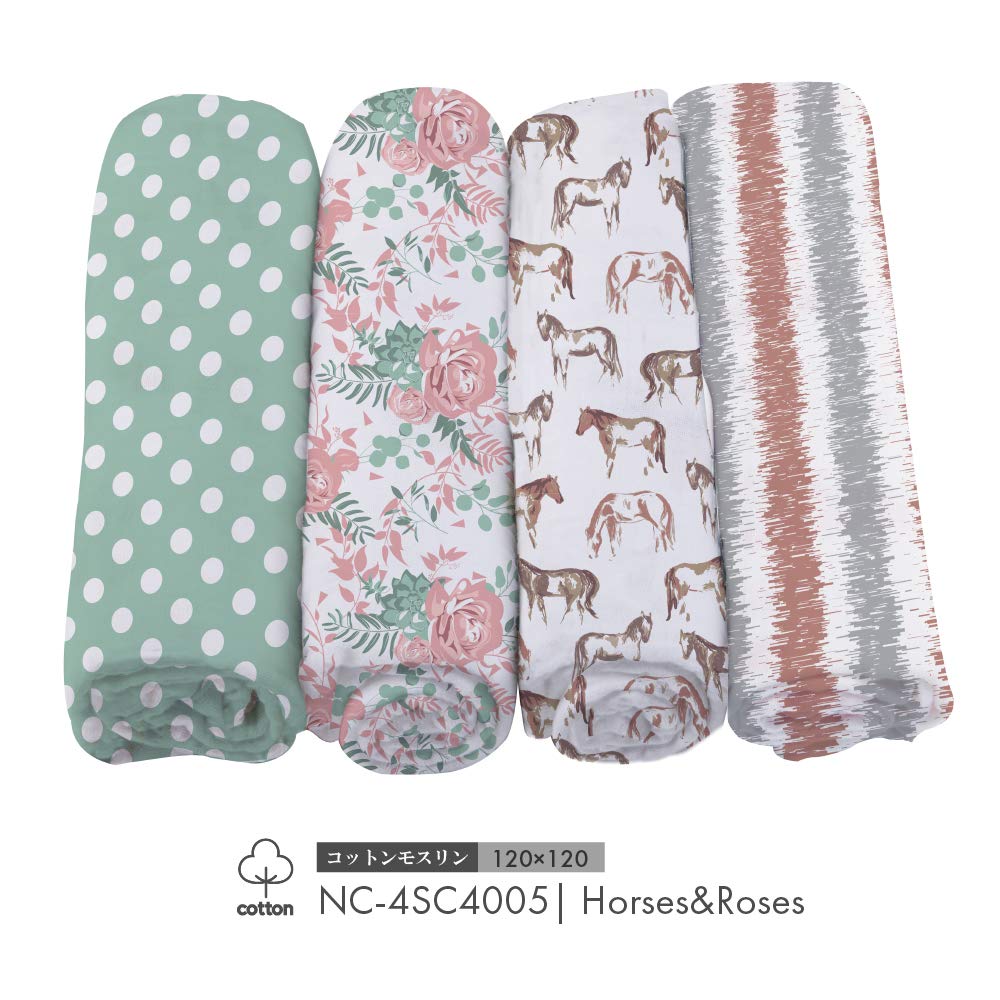 Newcastle Classics Cotton Muslin Swaddles Japanese Soft and Fluffy Horses 120cm X Ages (Official Product) - Blankets, & Roses, 120cm, 0+ Months,