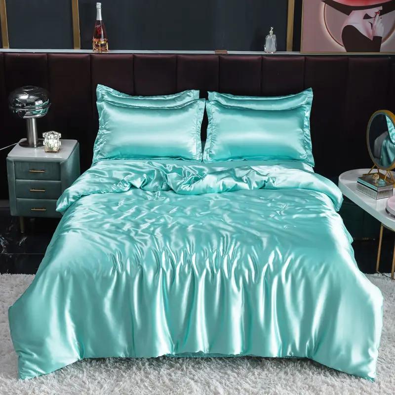 Nordic Satin Silk Bedding Set with Duvet Cover Bed Sheet Pillowcases Luxury Solid Single Double Couple Pillow Case Bedsheet