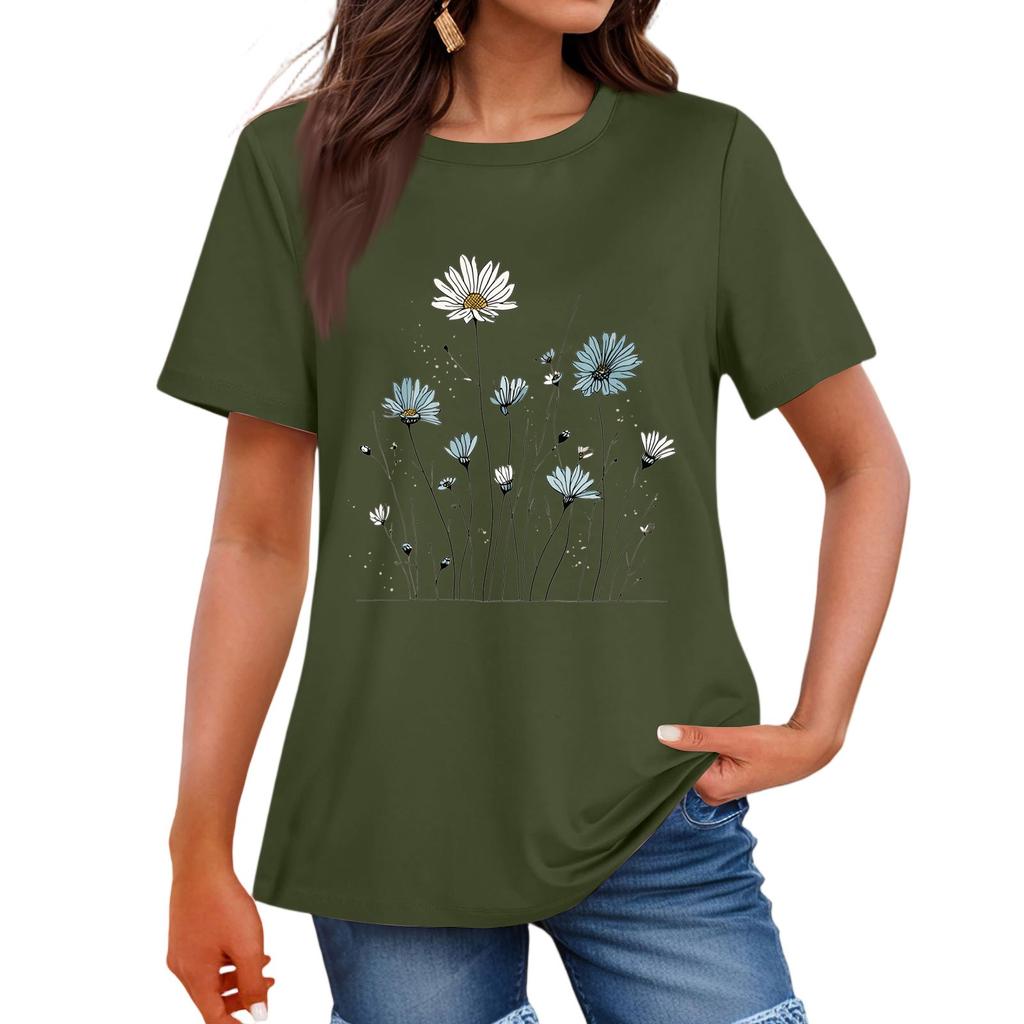 Women's Fashion Casual Printed Round Neck Short Sleeved T-Shirt Top T-Shirt Top Top