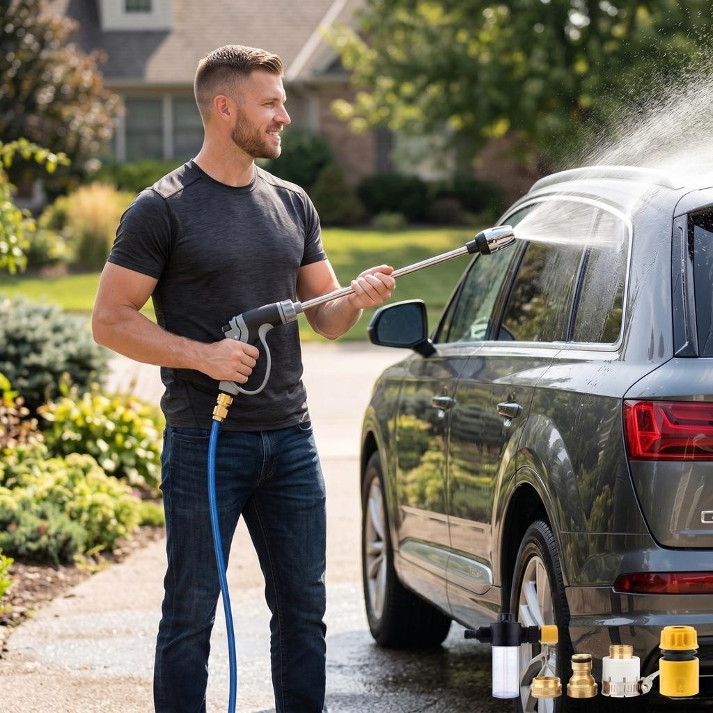 High Pressure Water Spray Gun with Adjustable Nozzle and Multiple Connectors for Home Car Washing and Garden Cleaning Use