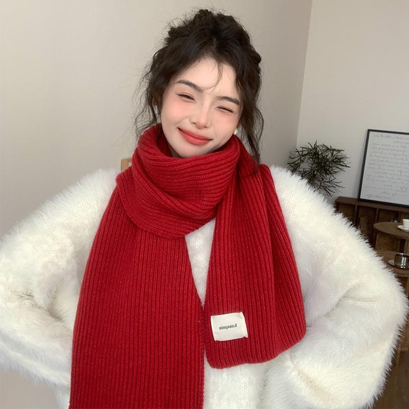New red knitted scarf men's and women's winter Christmas student couple versatile thickened wool scarf