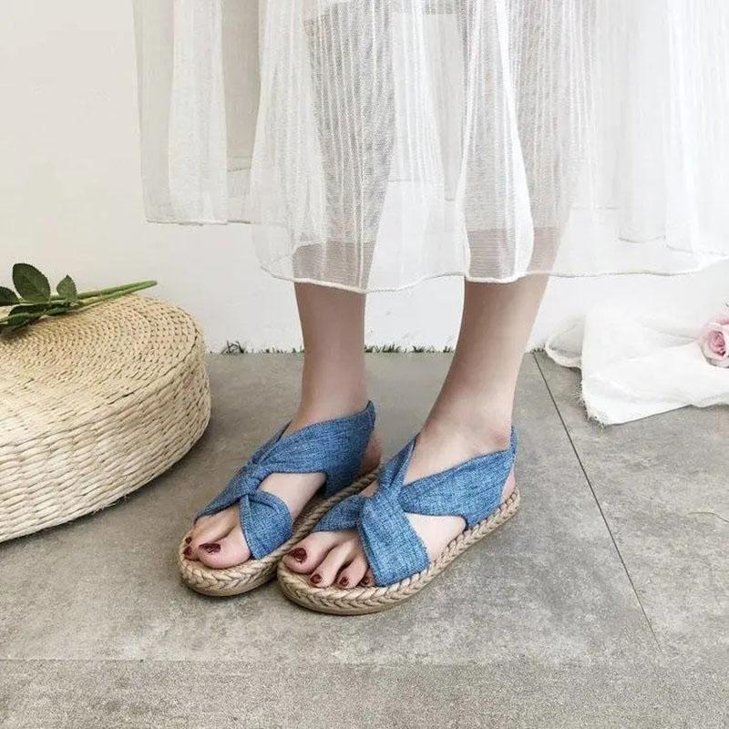 Women's Summer Flat-bottomed Sandals All-match Denim Cloth Cover Roman Shoes Korean Version Non-slip Wear-resistant Sandals Slippers