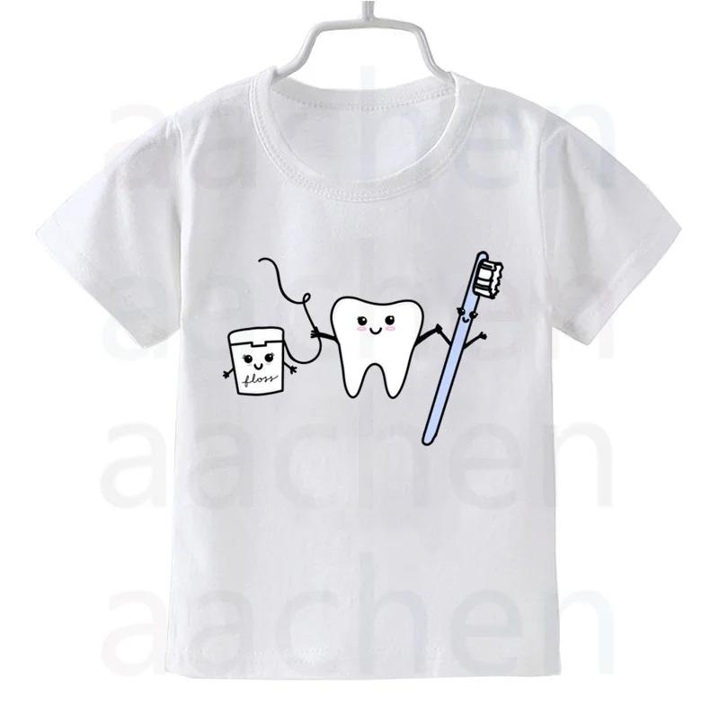 Tooth Dentist Cartoon Print Kid Cute White T Shirt Children Short Sleeve Clothing Funny Cartoon Party Top Boys and Girl Tshirt