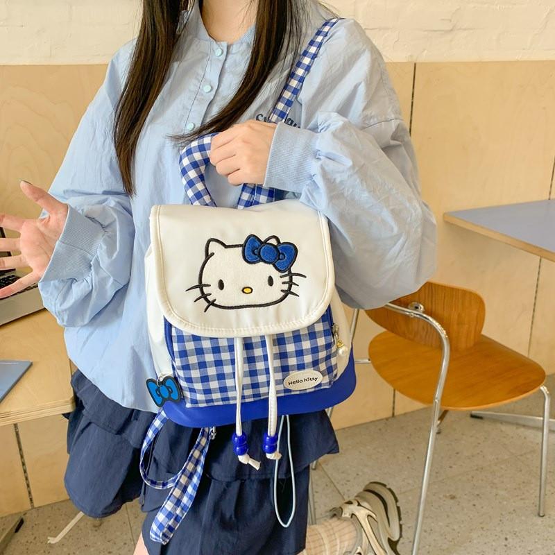 Cute Hello Kitty And Plaid Pattern Girl Canvas Backpack For Daily Use