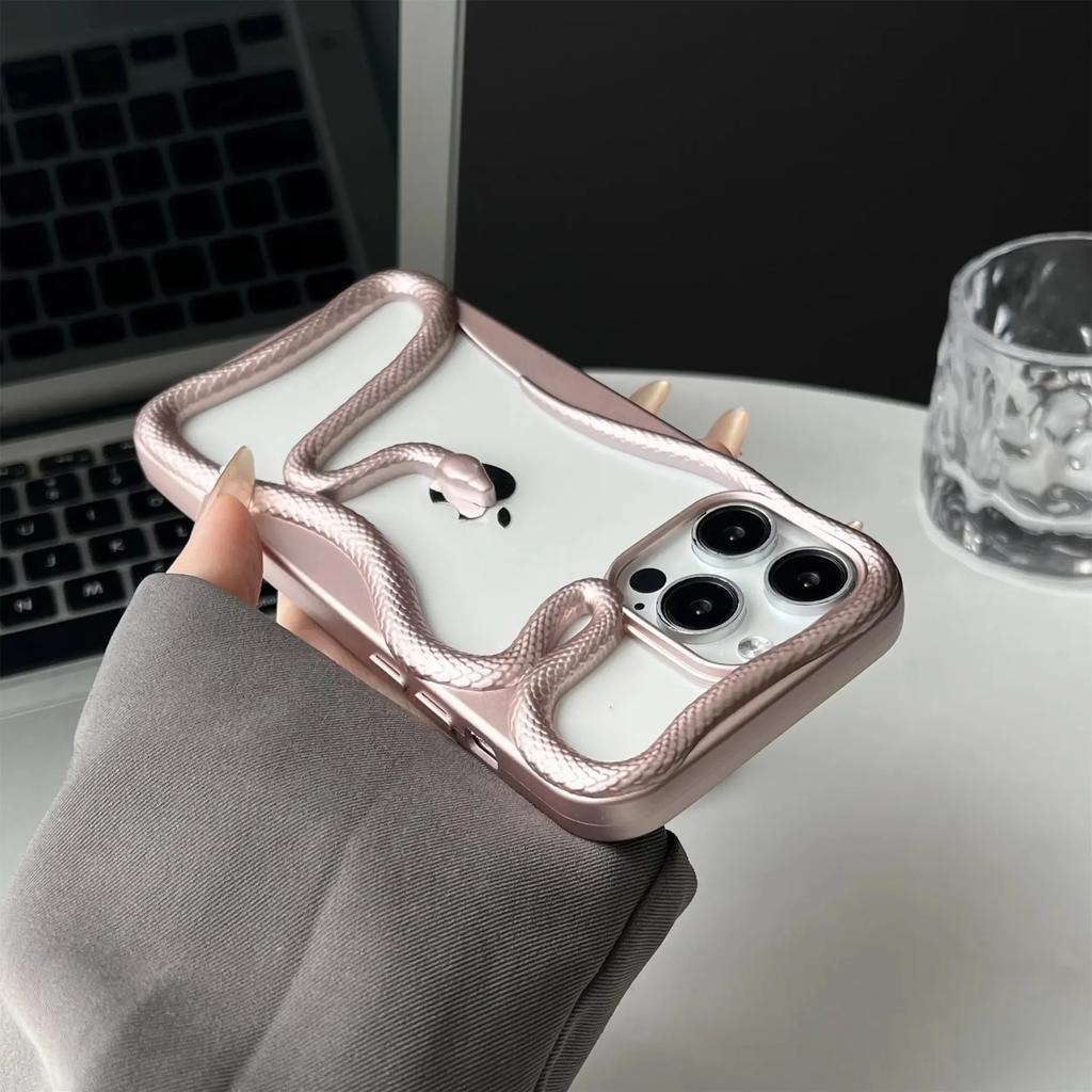 Plating Soft Rubber Frame Hollow Snake Phone Case For iPhone 17 11 12 13 14 15 16Pro Max Lens Protect Irregular Shockproof Cover