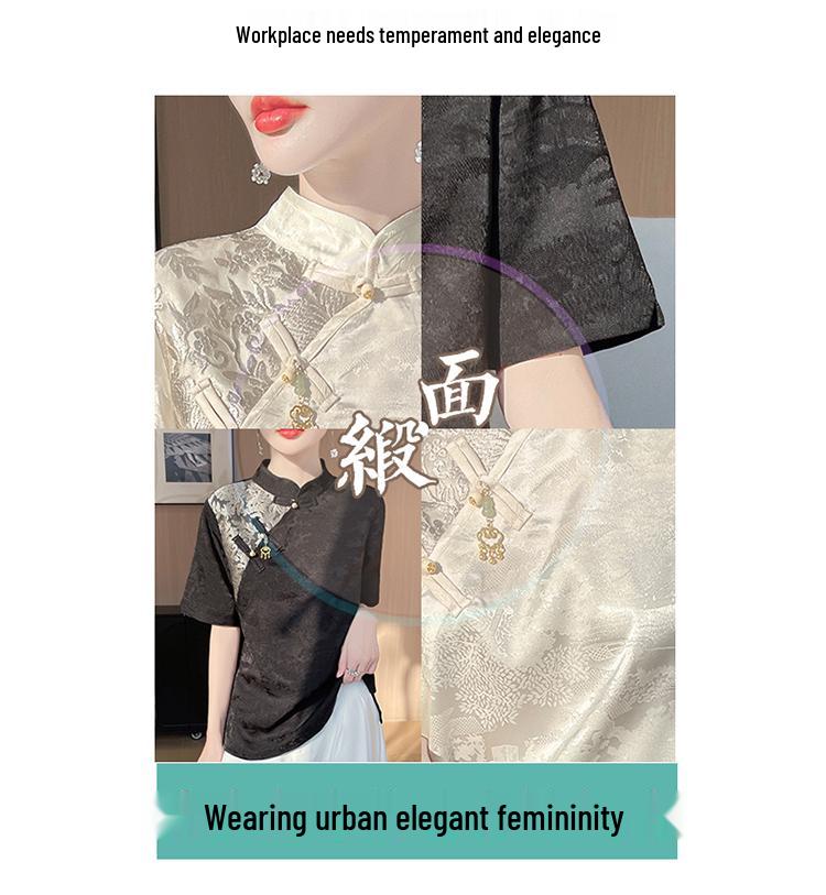 Contemporary Chinese Satin Mulberry Silk Short-Sleeve Stand-Up Collar Shirt with Pan Button Retro Design