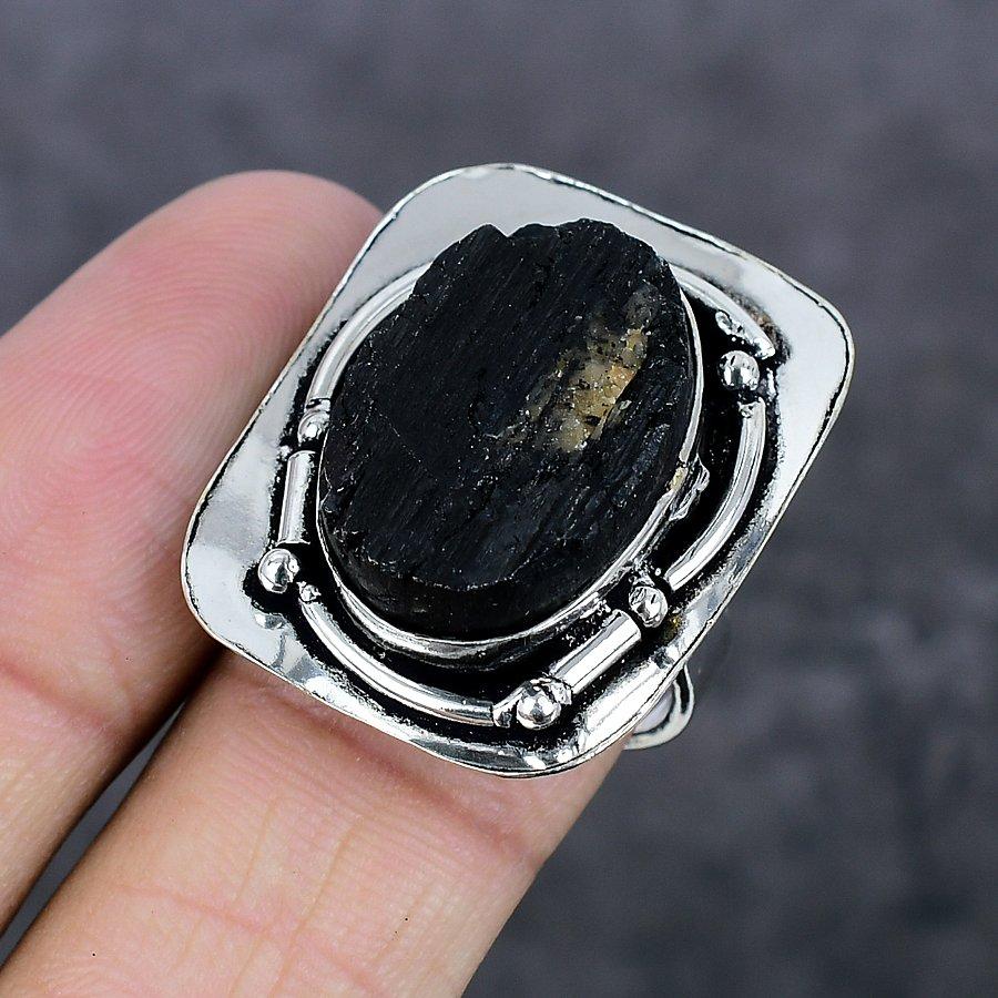 Black Tourmaline Handmade 925 Sterling Silver Jewelry Ring Size 8 u8h98