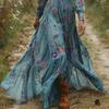Vintage Muster Bedrucktes Langärmeliges Damenkleid Lässig V-Ausschnitt Hohe Taille Plissiertes Herbstkleid Elegante Lockere Bohème Kleider