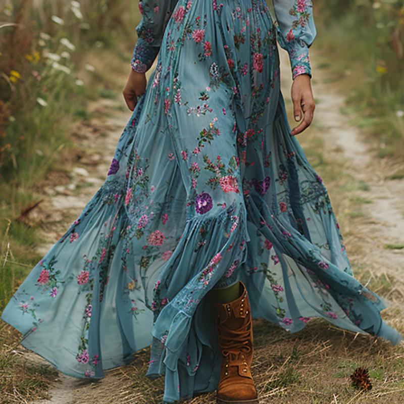 Vintage Muster Bedrucktes Langärmeliges Damenkleid Lässig V-Ausschnitt Hohe Taille Plissiertes Herbstkleid Elegante Lockere Bohème Kleider