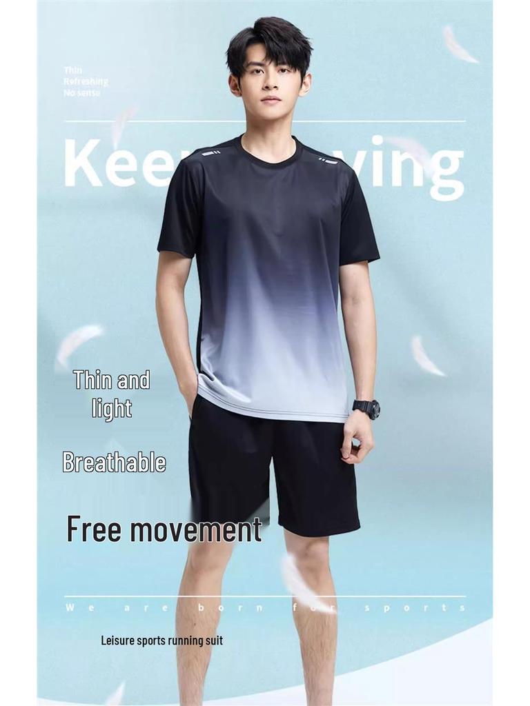 Herren Schnelltrocknendes Eisseiden Sportset: Atmungsaktives, lockeres, kurzärmeliges Lauf-/Fitness-Outfit für den Sommer.
