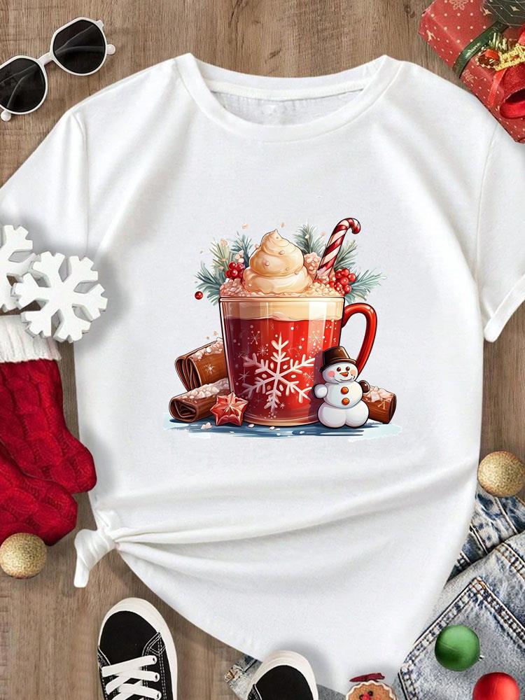 (Asian Size) Tee Merry Christmas New Year Holiday Top festival Casual tree letter style Women Print Lady Short Sleeve Fashion Graphic T-shirts