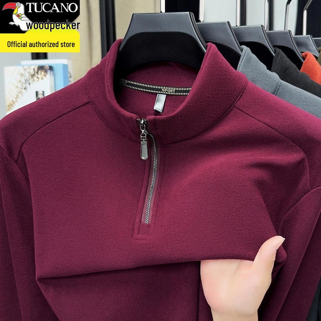 Woodpecker Men's Double-Sided Velvet Half-Zip Stand Collar Warm Long-Sleeve T-Shirt